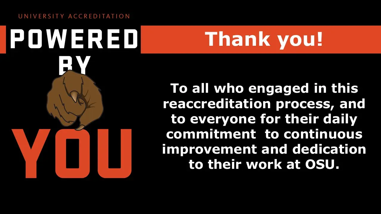 A thank you message recognizing engagement in reaccreditation and dedication to continuous improvement. 